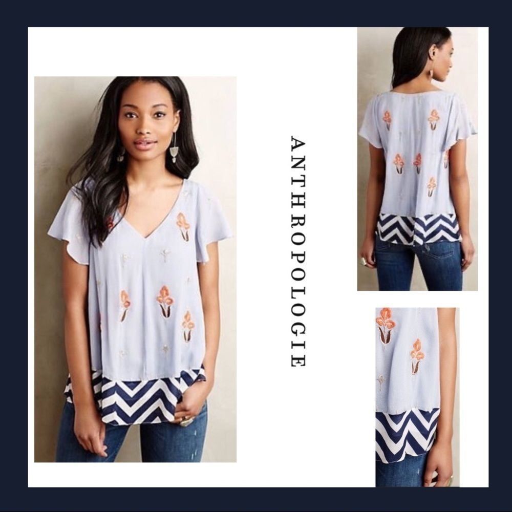 Anthropologie Chevron Floral Embroidered Top Sz 4